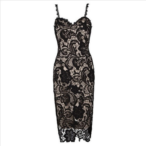 Black White Lace Dress Strap Crochet Party Dresses For Women Hollow Out Sexy Bodycon Dress Slim Mid Dress Plus Size