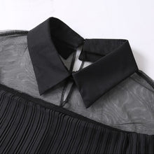Black White Women Chiffon Blouse Pleated Ruffle See Through Mesh Patchwork Long Sleeve Office Shirts Blusas Feminina