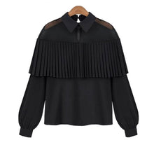 Black White Women Chiffon Blouse Pleated Ruffle See Through Mesh Patchwork Long Sleeve Office Shirts Blusas Feminina