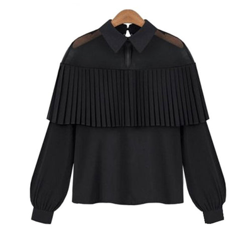 Black White Women Chiffon Blouse Pleated Ruffle See Through Mesh Patchwork Long Sleeve Office Shirts Blusas Feminina