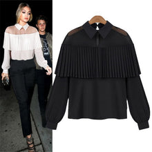 Black White Women Chiffon Blouse Pleated Ruffle See Through Mesh Patchwork Long Sleeve Office Shirts Blusas Feminina