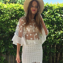 Black White Women's Sexy Top Lace Embroidery See Through Women Blouses Flare Sleeve Sheer Blouses Lace Crochet Tops For Women