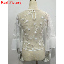 Black White Women's Sexy Top Lace Embroidery See Through Women Blouses Flare Sleeve Sheer Blouses Lace Crochet Tops For Women