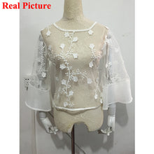 Black White Women's Sexy Top Lace Embroidery See Through Women Blouses Flare Sleeve Sheer Blouses Lace Crochet Tops For Women
