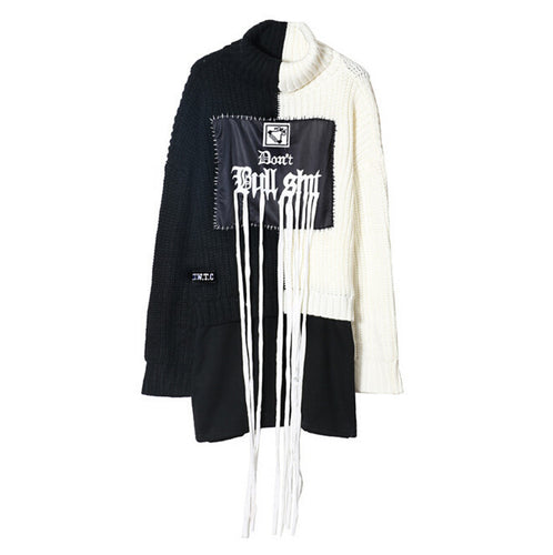 Black white Contrast color Letter Tassel Sweater Woman Turtleneck Fringed Knitwear Jumper Pullover kleding jerseis femme