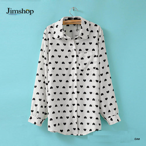 Blusas Femininas Fashion Vintage Women's Shirt Chiffon Love Heart Sweet Black Women Long Sleeve Tops Roupas S M L