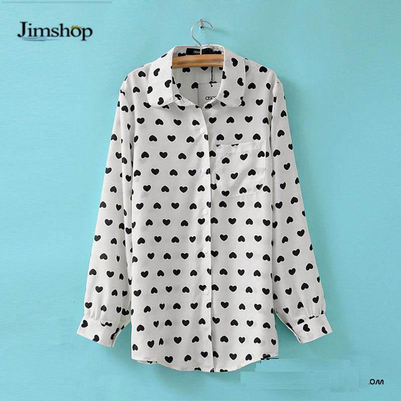 Blusas Femininas Fashion Vintage Women's Shirt Chiffon Love Heart Sweet Black Women Long Sleeve Tops Roupas S M L