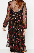 Bohemian Black color Colored Flower Embroidery Mesh Dress Woman Fringed V neck Side Slit Long Dresses Femme