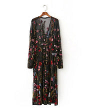 Bohemian Black color Colored Flower Embroidery Mesh Dress Woman Fringed V neck Side Slit Long Dresses Femme
