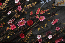 Bohemian Black color Colored Flower Embroidery Mesh Dress Woman Fringed V neck Side Slit Long Dresses Femme