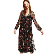 Bohemian Black color Colored Flower Embroidery Mesh Dress Woman Fringed V neck Side Slit Long Dresses Femme