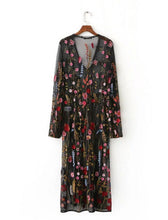 Bohemian Black color Colored Flower Embroidery Mesh Dress Woman Fringed V neck Side Slit Long Dresses Femme