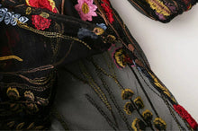 Bohemian Black color Colored Flower Embroidery Mesh Dress Woman Fringed V neck Side Slit Long Dresses Femme
