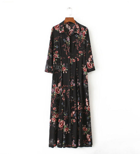 Bohemian Black color Half Sleeve Colored Floral Print Dress Woman High waist Buttons Cotton Long Dresses Femme