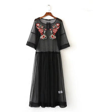 Bohemian Transparent Colored Flower Embroidery Mesh Dress Woman O neck Half Sleeve Long Dresses Femme Black color