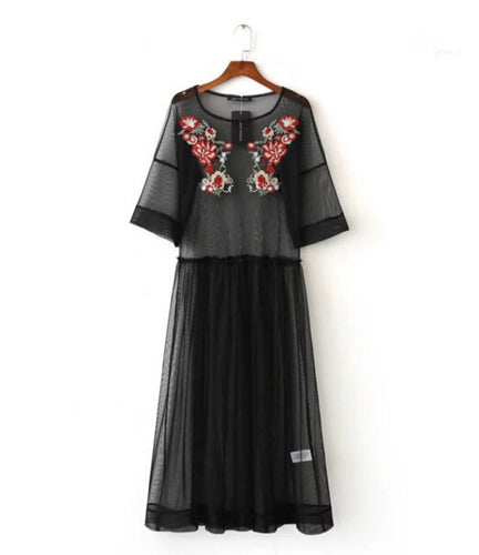 Bohemian Transparent Colored Flower Embroidery Mesh Dress Woman O neck Half Sleeve Long Dresses Femme Black color