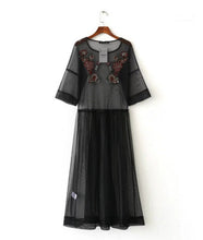 Bohemian Transparent Colored Flower Embroidery Mesh Dress Woman O neck Half Sleeve Long Dresses Femme Black color