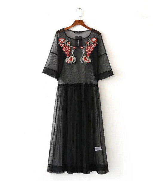 Bohemian Transparent Colored Flower Embroidery Mesh Dress Woman O neck Half Sleeve Long Dresses Femme Black color