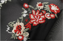 Bohemian Transparent Colored Flower Embroidery Mesh Dress Woman O neck Half Sleeve Long Dresses Femme Black color