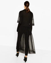 Bohemian Transparent Colored Flower Embroidery Mesh Dress Woman O neck Half Sleeve Long Dresses Femme Black color