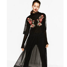 Bohemian Transparent Colored Flower Embroidery Mesh Dress Woman O neck Half Sleeve Long Dresses Femme Black color