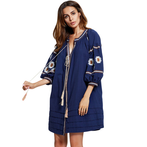 boho-women-vintage-shirt-dress-embroidery-puff-sleeve-short-dress-button-tasseled-rope-pleated-belt-long-loose-top-white-blue BBL
