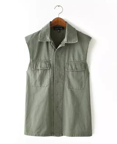 Boyfriend Lapel Pockets on front Back Letter Print Vest Women's Military Casual Sleeveless Jacket Waistcoat Coat