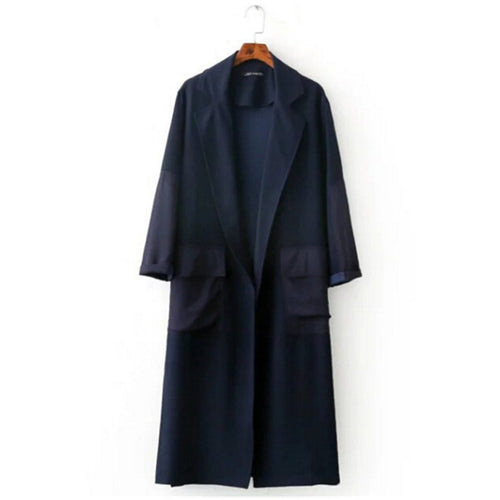 Boyfriend Side Slit Patchwork Big Pockets Trench women Loose Long Windbreaker Lapel Loose Coat Outerwear Navy blue s m l
