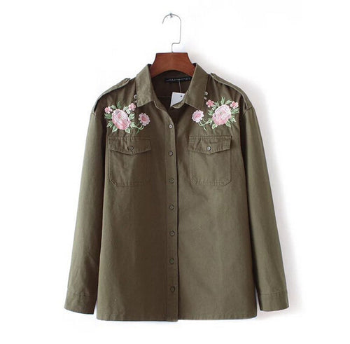 Boyfriend Style Army Green Flower Embroidery Shirt Lapel Long sleeve Pockets Blouse Tops Coat blusas chemise femme blusa