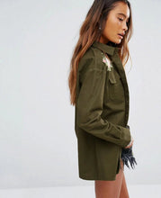 Boyfriend Style Army Green Flower Embroidery Shirt Lapel Long sleeve Pockets Blouse Tops Coat blusas chemise femme blusa