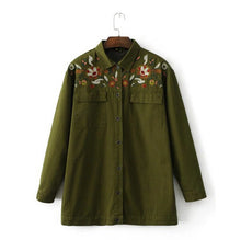Boyfriend Style Army Green Flower Embroidery Shirt Woman Lapel Long sleeve Pockets Blouse Tops Coat blusas femme blusa