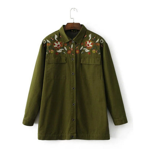 Boyfriend Style Army Green Flower Embroidery Shirt Woman Lapel Long sleeve Pockets Blouse Tops Coat blusas femme blusa