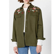 Boyfriend Style Army Green Flower Embroidery Shirt Woman Lapel Long sleeve Pockets Blouse Tops Coat blusas femme blusa