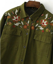 Boyfriend Style Army Green Flower Embroidery Shirt Woman Lapel Long sleeve Pockets Blouse Tops Coat blusas femme blusa