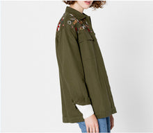 Boyfriend Style Army Green Flower Embroidery Shirt Woman Lapel Long sleeve Pockets Blouse Tops Coat blusas femme blusa