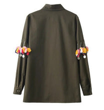 Boyfriend Style Army Green Sleeve Spliced Coins Tassel Shirt Lapel Pockets Blouse Tops Coat blusas chemise femme blusa