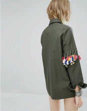 Boyfriend Style Army Green Sleeve Spliced Coins Tassel Shirt Lapel Pockets Blouse Tops Coat blusas chemise femme blusa
