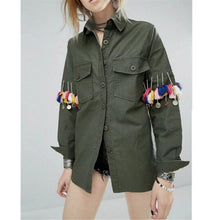 Boyfriend Style Army Green Sleeve Spliced Coins Tassel Shirt Lapel Pockets Blouse Tops Coat blusas chemise femme blusa
