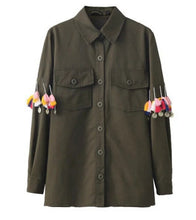 Boyfriend Style Army Green Sleeve Spliced Coins Tassel Shirt Lapel Pockets Blouse Tops Coat blusas chemise femme blusa