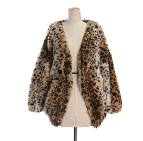 Boyfriend V neck Hairy Shaggy Leopard Faux Mink Fur Jackets Woman Raglan Lantern Sleeve Loose Faux Fur Coat Outerwear