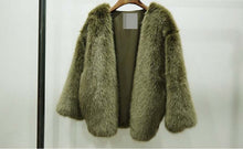 Boyfriend V neck Long Hairy Shaggy Faux Fox Fur Jackets Woman Army Green Loose Faux Fur Coat Outerwear