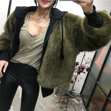 Boyfriend V neck Long Hairy Shaggy Faux Fox Fur Jackets Woman Army Green Loose Faux Fur Coat Outerwear