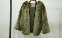 Boyfriend V neck Long Hairy Shaggy Faux Fox Fur Jackets Woman Army Green Loose Faux Fur Coat Outerwear