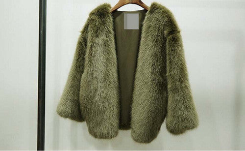 Boyfriend V neck Long Hairy Shaggy Faux Fox Fur Jackets Woman Army Green Loose Faux Fur Coat Outerwear