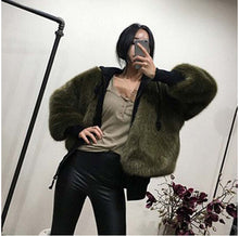 Boyfriend V neck Long Hairy Shaggy Faux Fox Fur Jackets Woman Army Green Loose Faux Fur Coat Outerwear