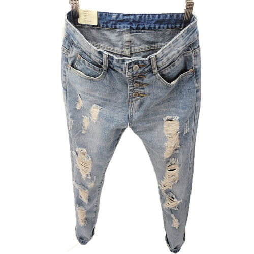 Button Up High Waist Jeans Ripped Hole Boyfriend Jeans For Women Stylish Loose Roll Up Denim Jeans Women