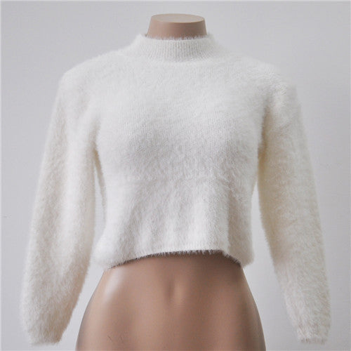 Hairy Turtleneck Sweater Knitted Long Sleeve Crop Top Sweater Women Christmas Sweater Pull Femme