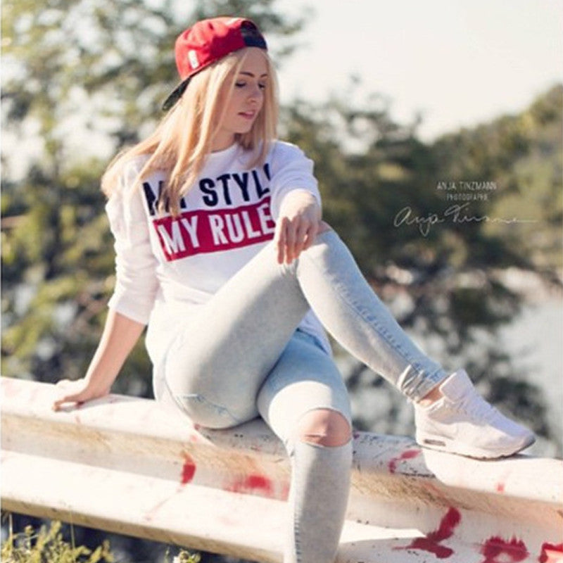MY STYLE MY RULES Letter Print Mid-length T-shirt Women White Cotton Women's T-shirt O Neck Loose Tee Shirts