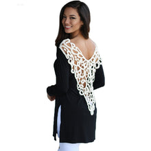 Sexy Lace Crochet Patchwork Tee Shirt Femme Deep V Back Hollow T Shirt Women Long Sleeve Side Split Tee Shirt Women