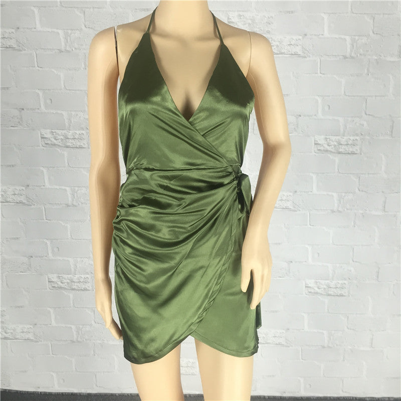 Womens Sexy Club Dresses Deep V Backless Halter Bodycon Dress Club Night Party Dress Mini Pink Green